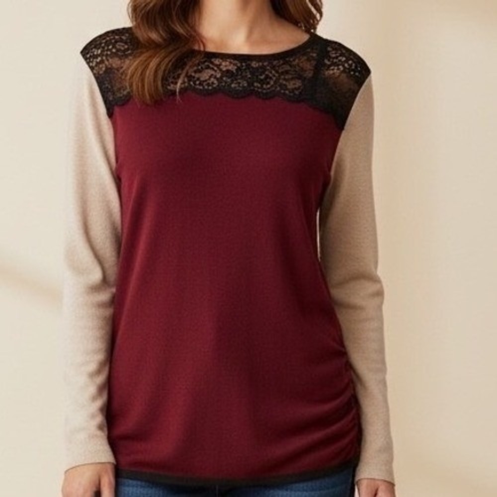 All at Once Womens XL Colorblock Lace Trim Sweater Burgundy Black Beige Zip Back